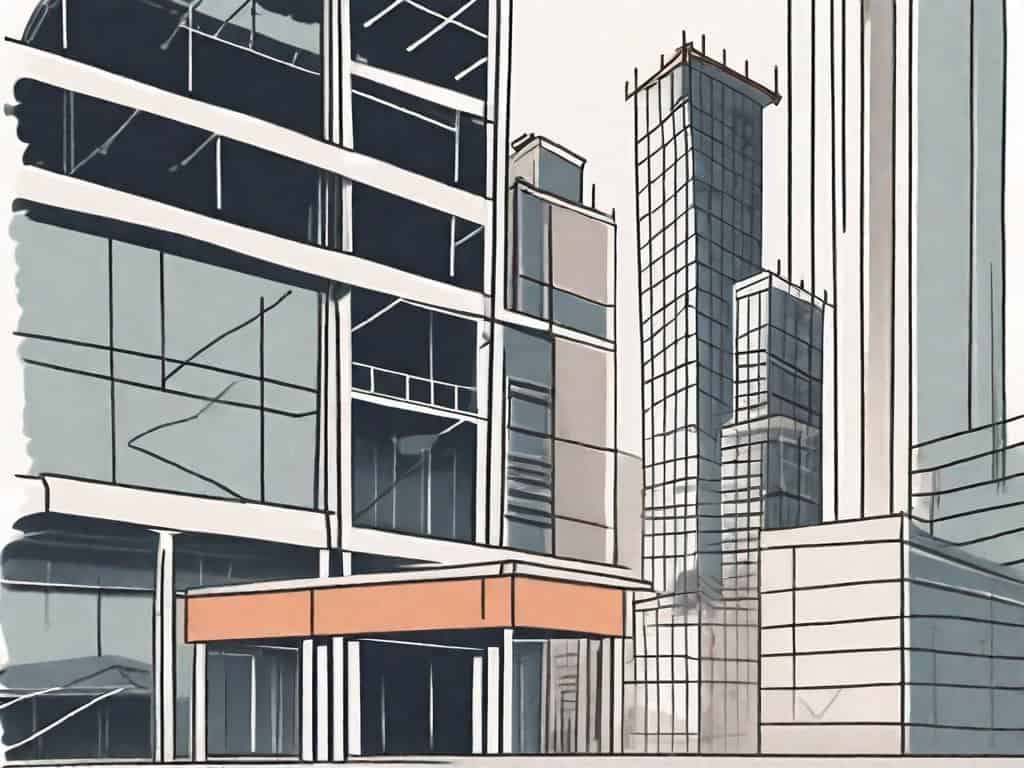 A commercial construction site with various buildings in different stages of construction