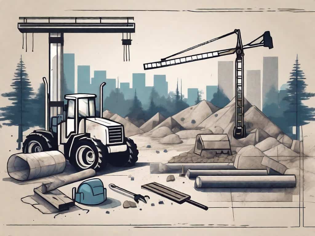 A landscape construction site with various tools and equipment