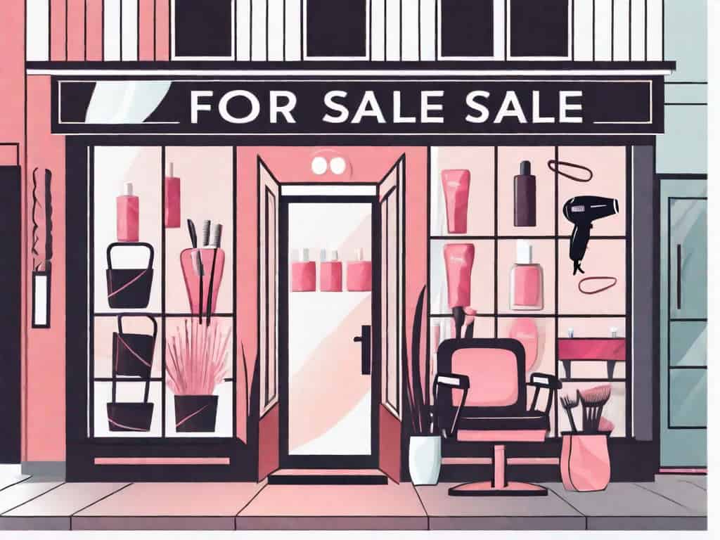A beauty salon storefront with a 'for sale' sign hanging in the window