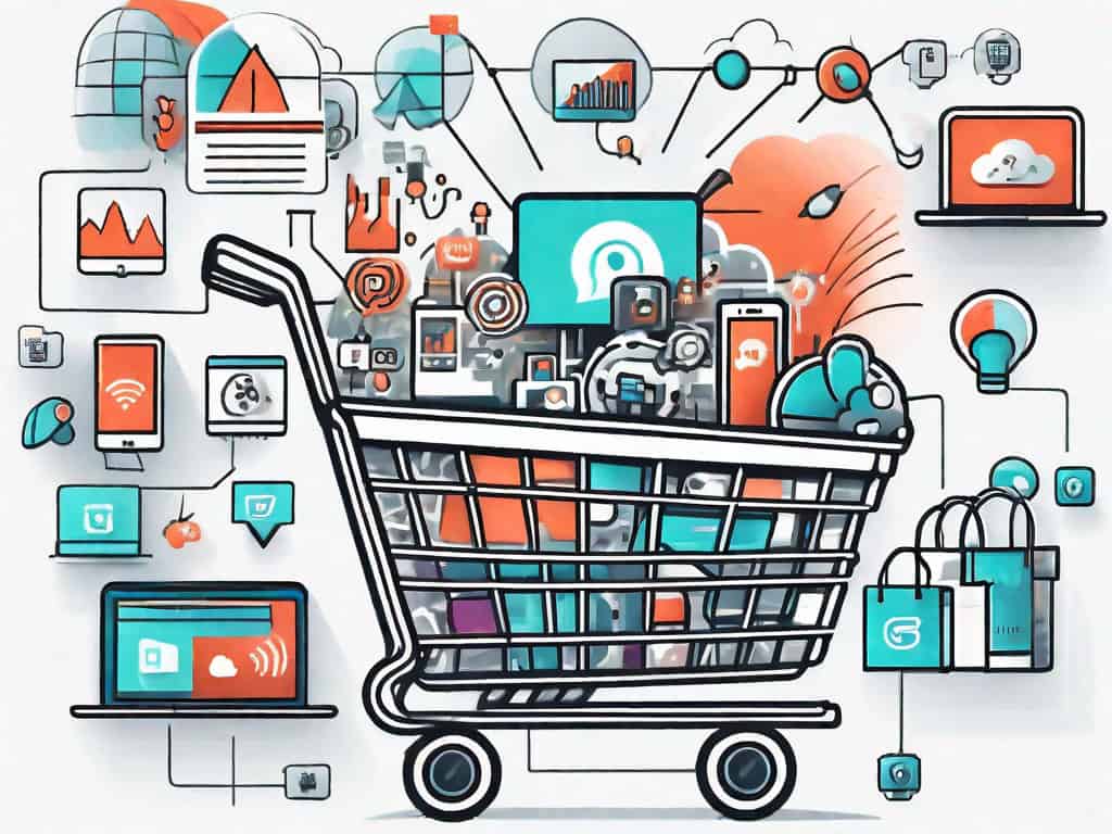 A shopping cart filled with various digital marketing symbols such as a computer mouse