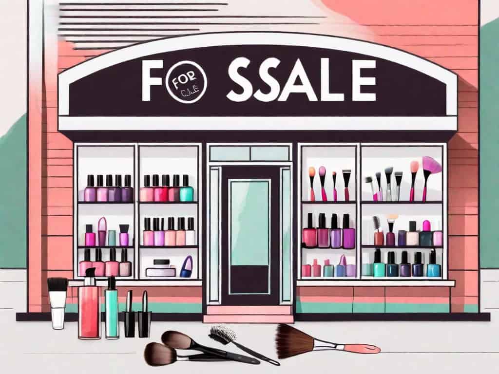 A cosmetology school building with a 'for sale' sign in the front