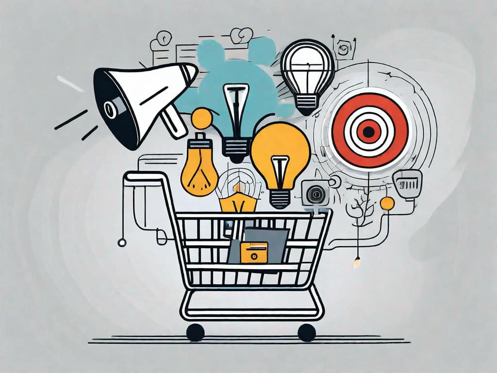 A shopping cart filled with various marketing symbols like a megaphone