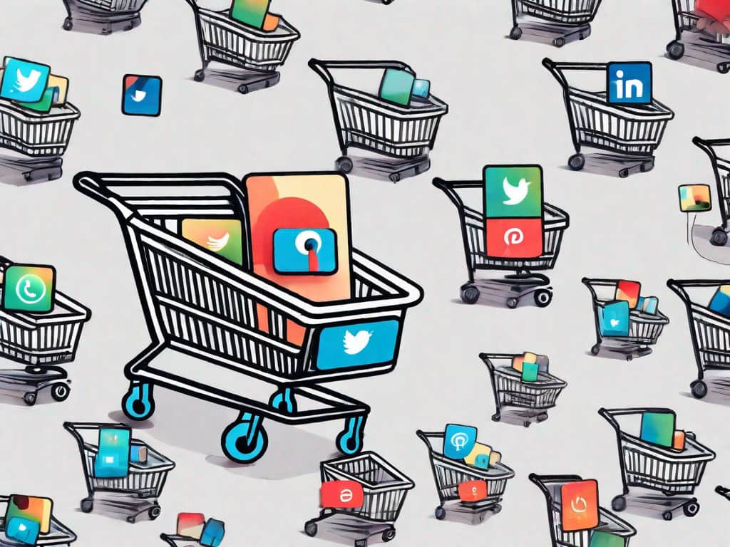 A shopping cart filled with various social media icons
