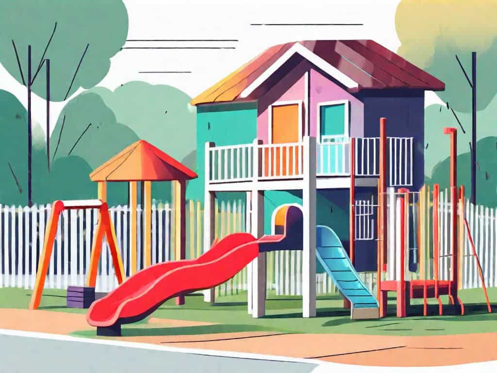 A colorful preschool building with a for sale sign in the front yard