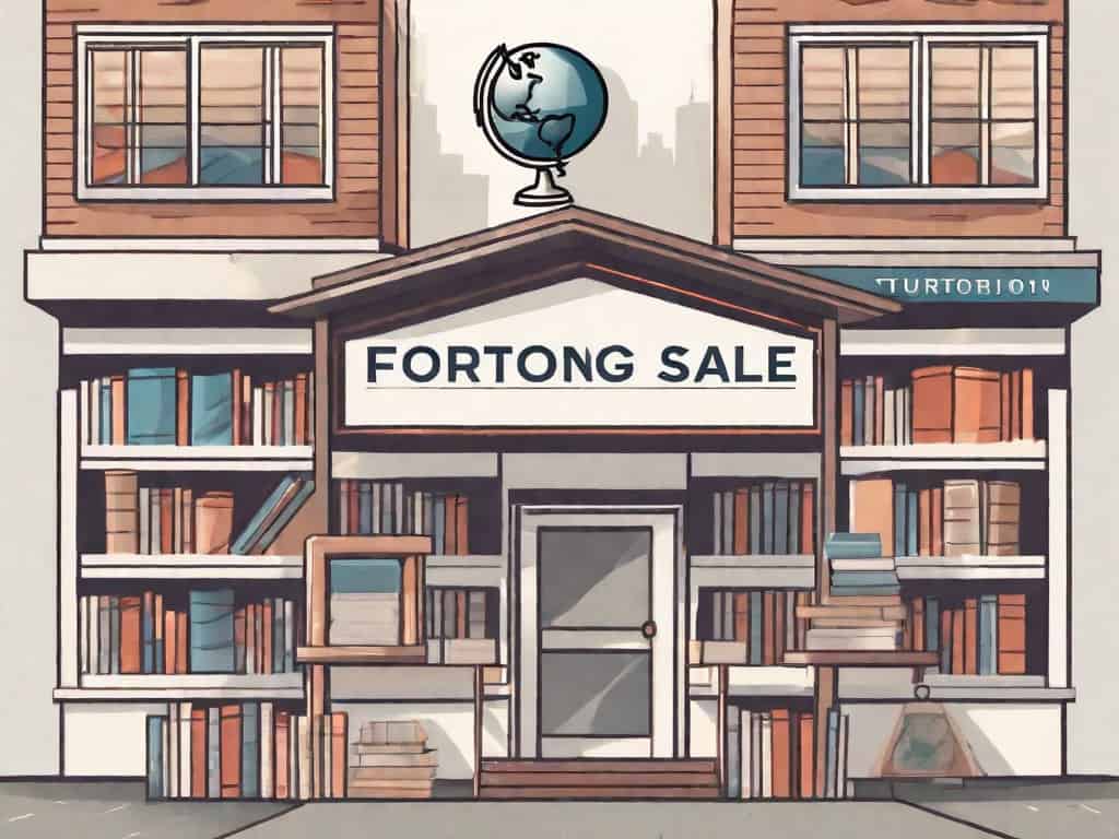 A tutoring center building with a large "for sale" sign in front
