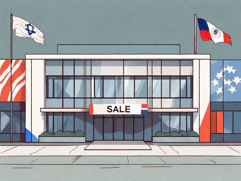 A language school building with a "for sale" sign in front