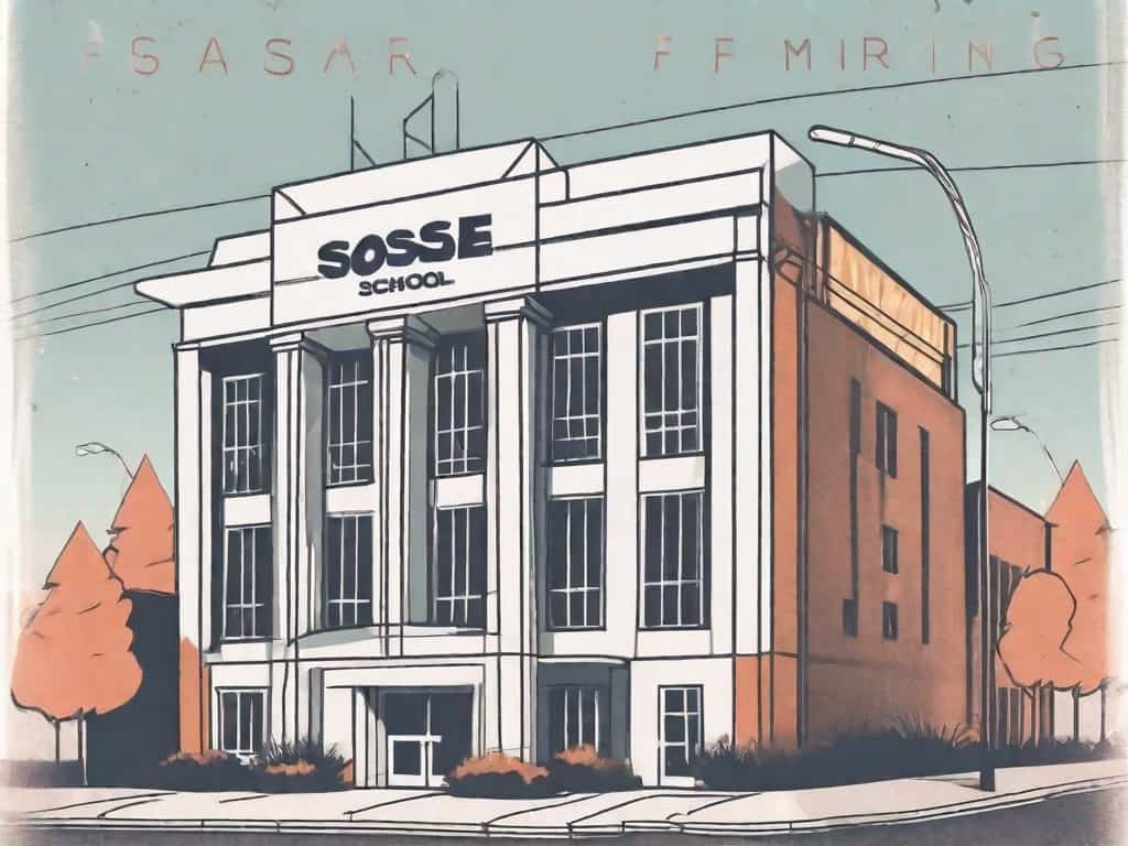 A music school building with a "for sale" sign in the front