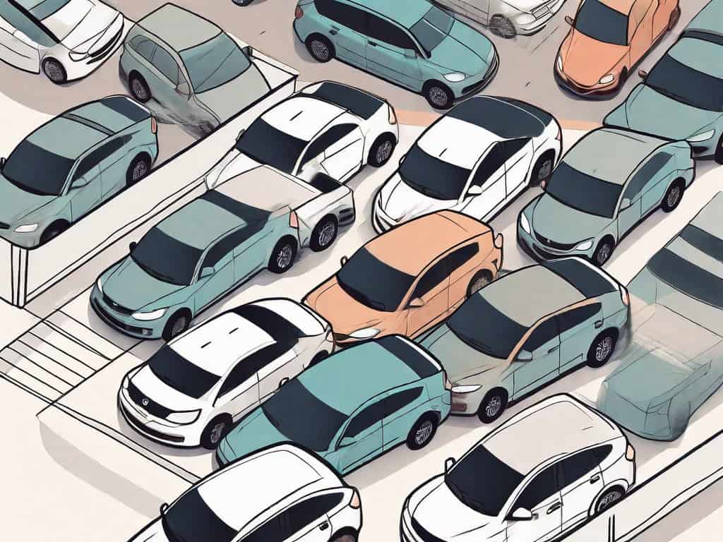 A car rental storefront with an array of different cars in the parking lot