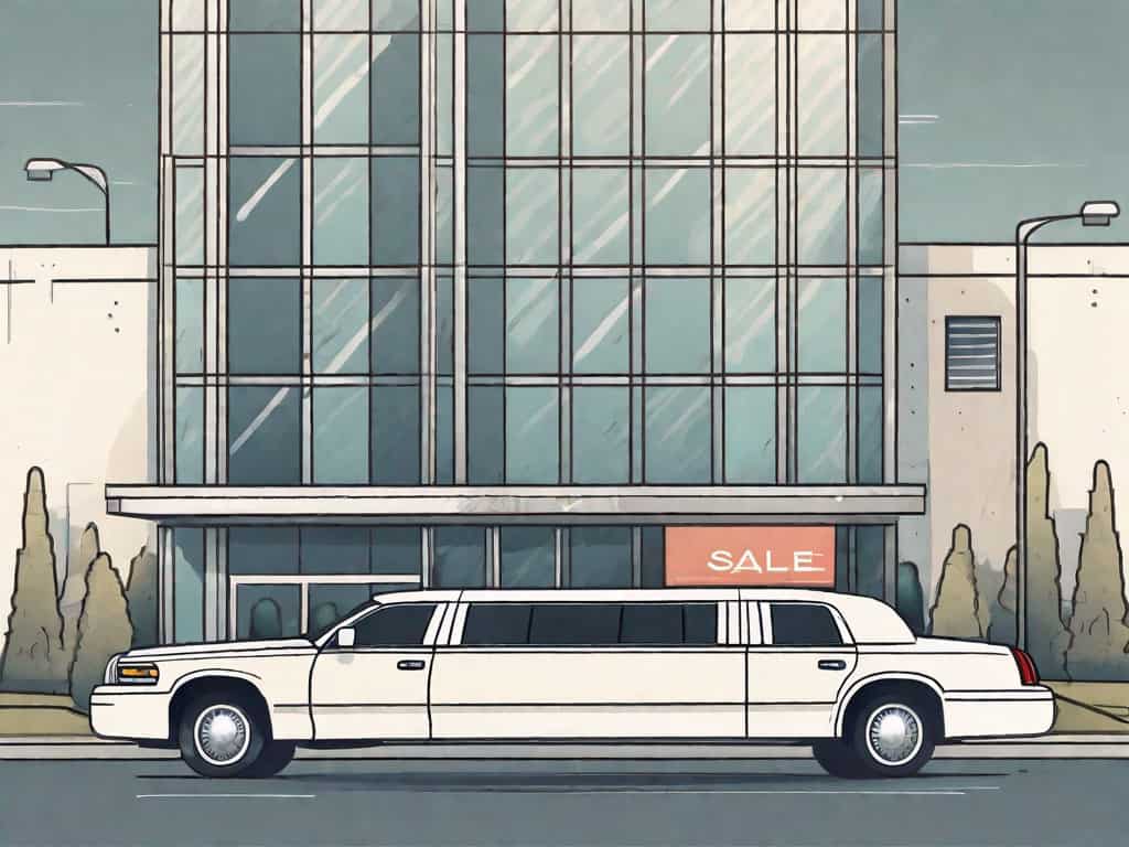 A limousine parked next to a commercial building with a "for sale" sign