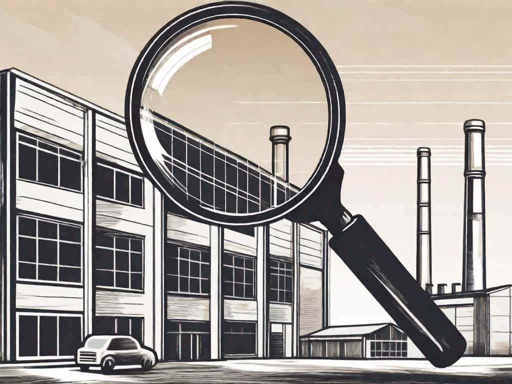 A magnifying glass hovering over a factory building