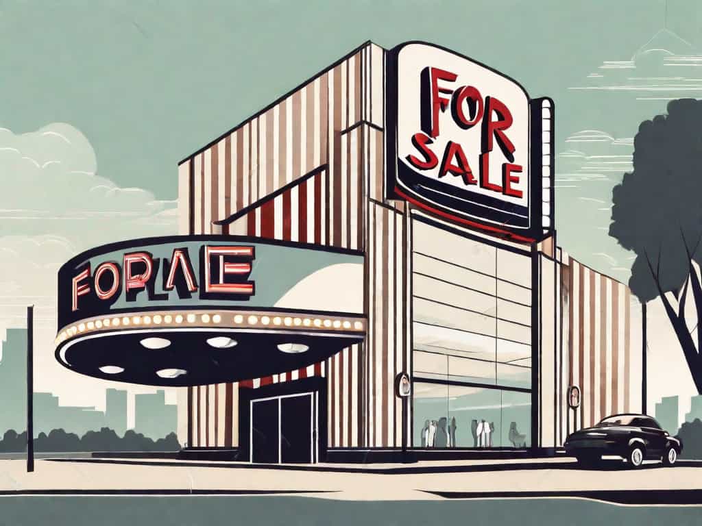 A movie theater with a large "for sale" sign in front
