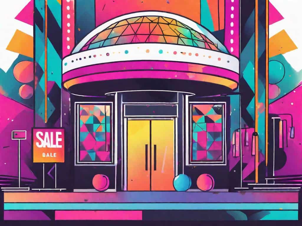 A vibrant nightclub exterior with a 'for sale' sign hanging on it