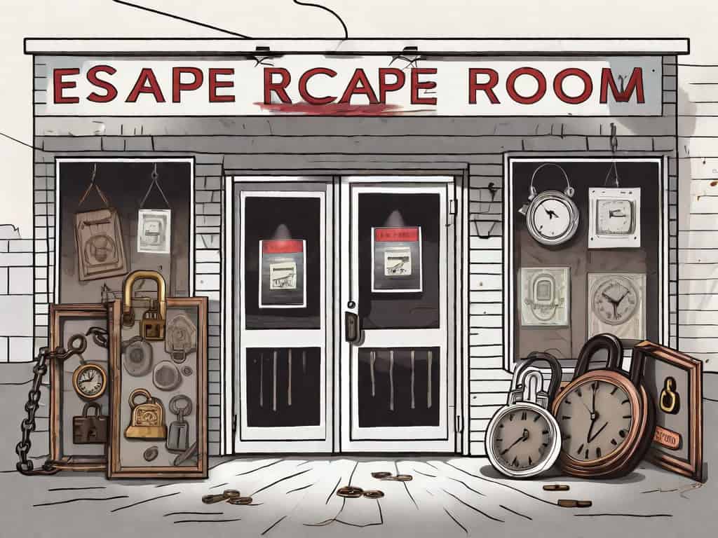 An escape room storefront with a large "for sale" sign hanging on it