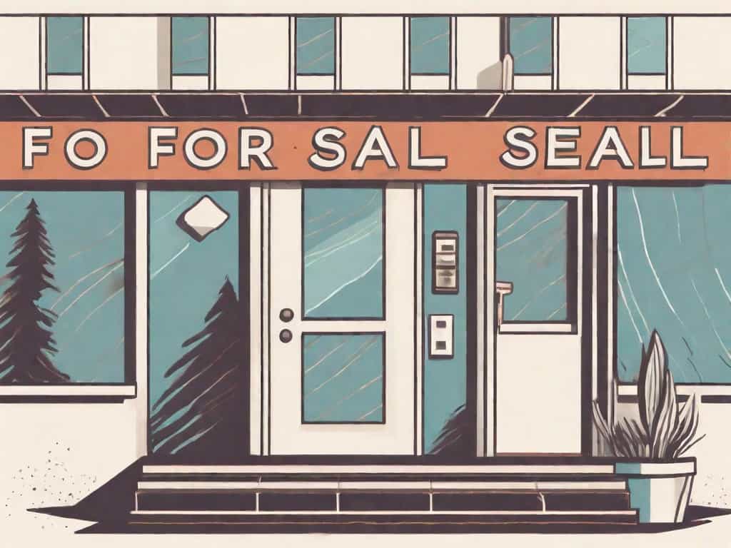 A motel with a "for sale" sign in the front