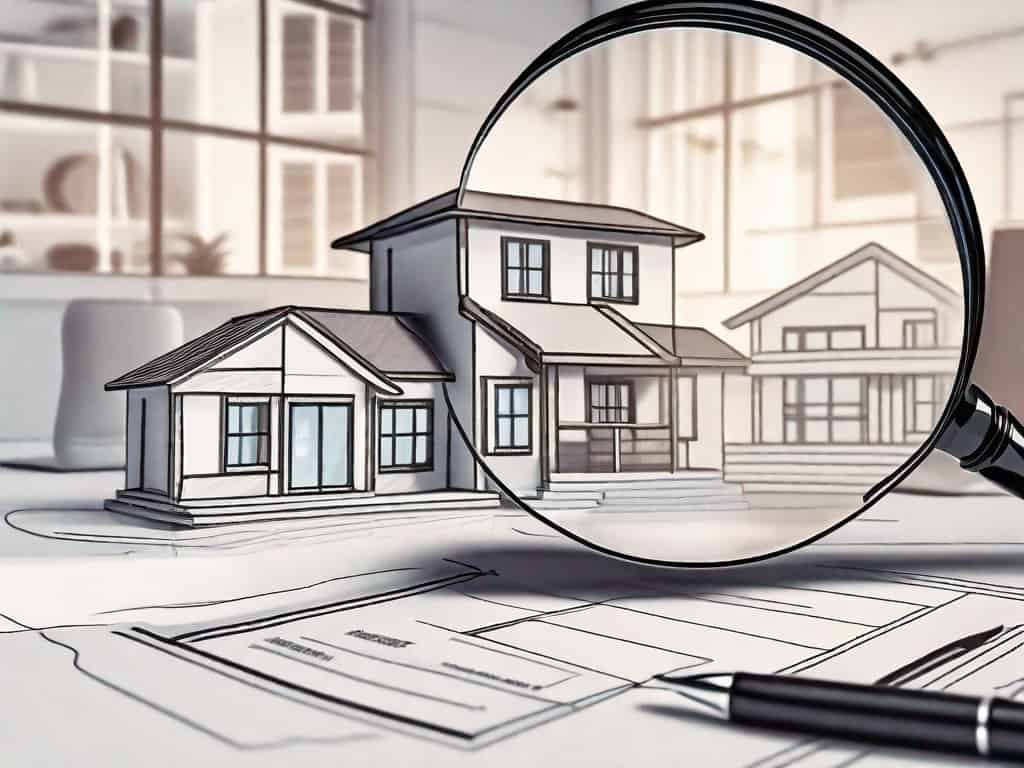 A magnifying glass hovering over a miniature model of a real estate agency