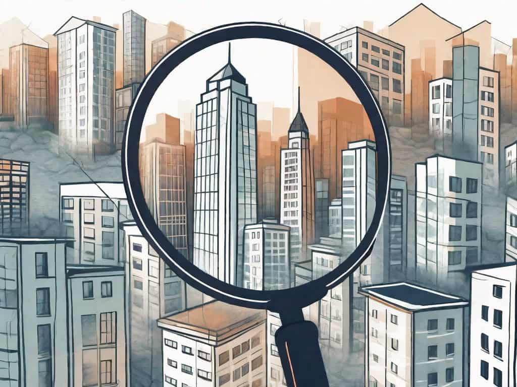 A magnifying glass hovering over a stylized cityscape
