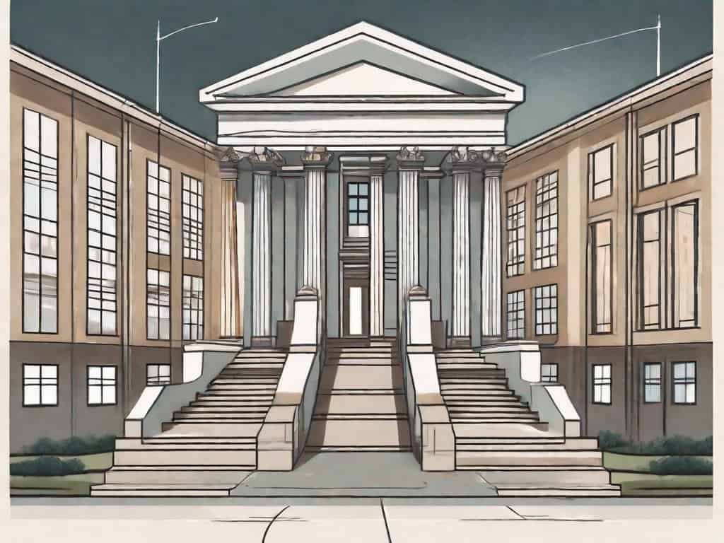 A symbolic scale of justice on one side and a building resembling a law firm on the other side