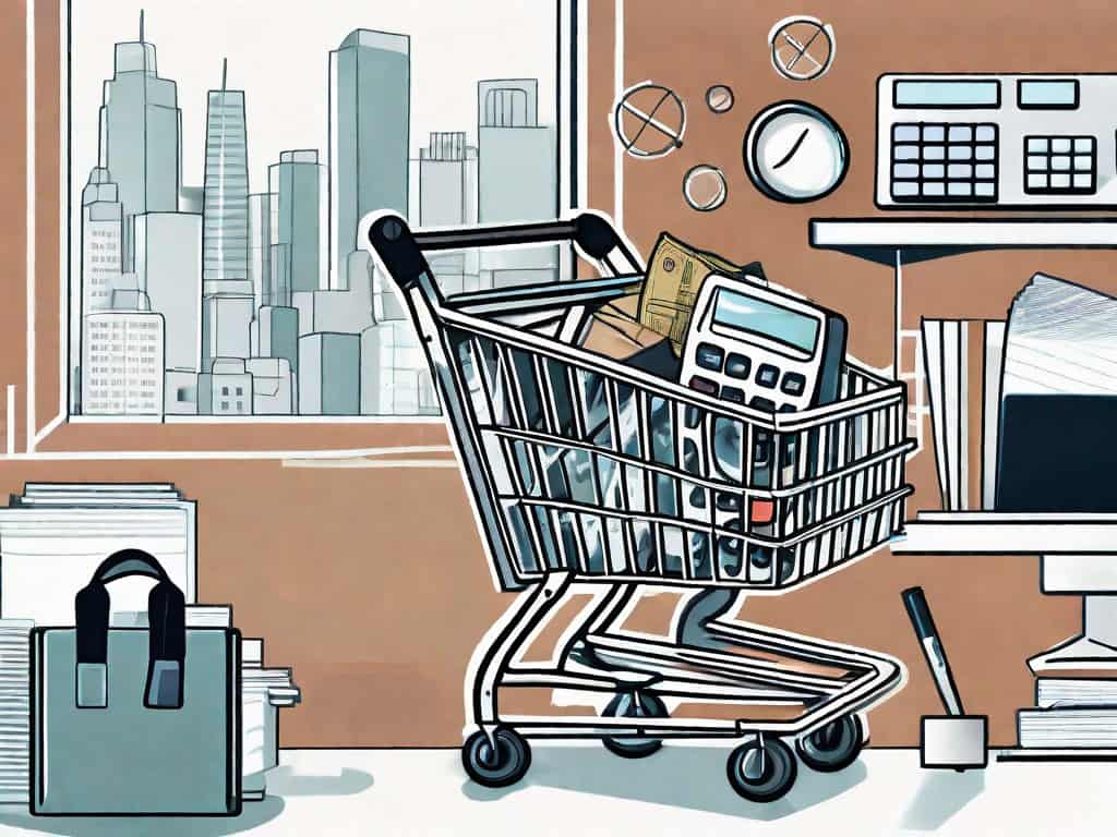 A shopping cart filled with symbolic items related to tax consultancy