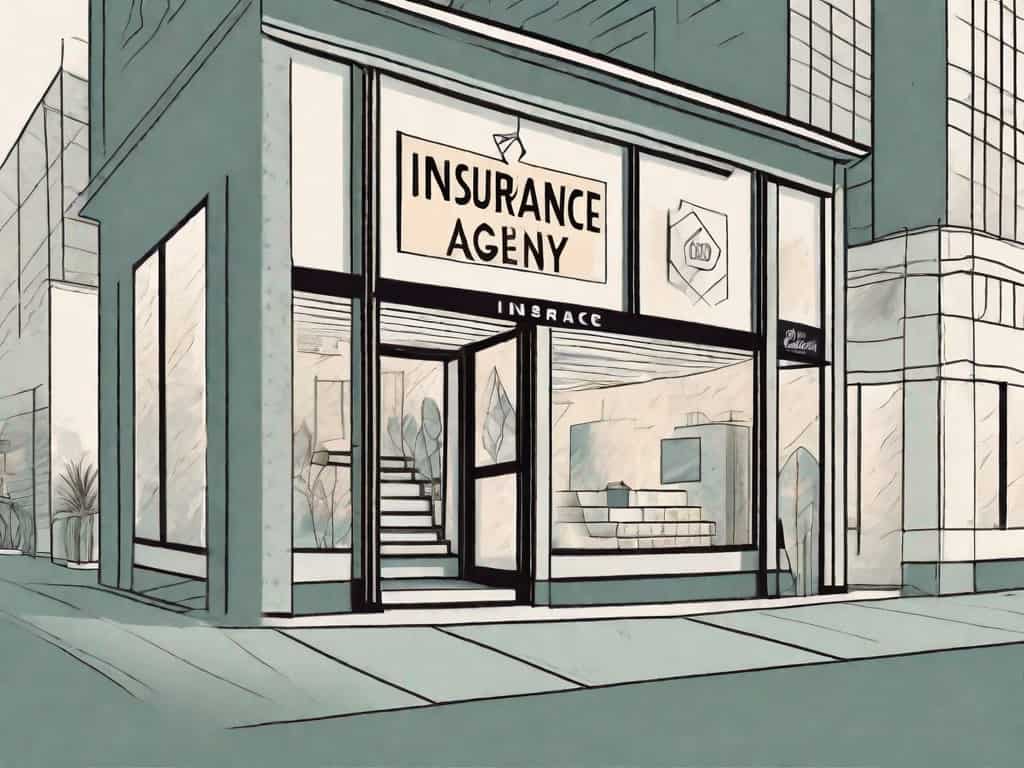 A storefront of an insurance agency with a large "for sale" sign