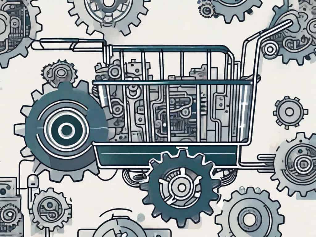 A shopping cart filled with various tech symbols like gears