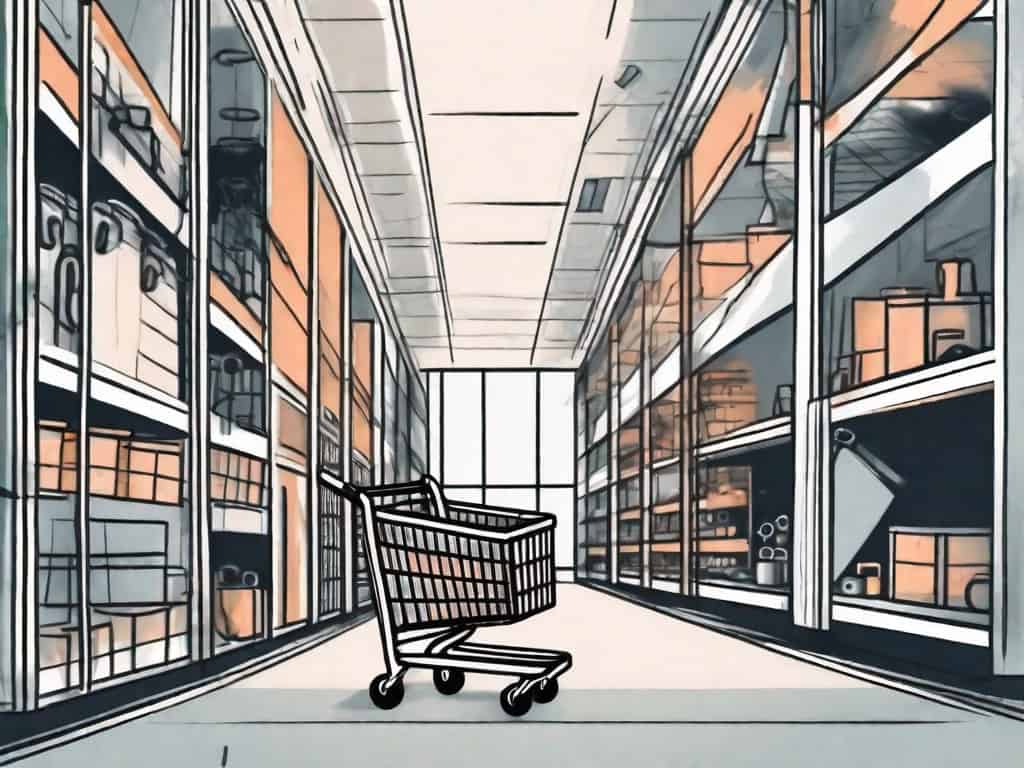 A shopping cart filled with various hardware tools and a company building sitting inside it