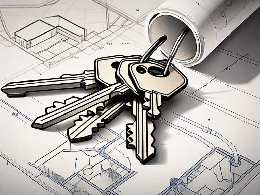 A pair of keys placed on top of a blueprint for a building