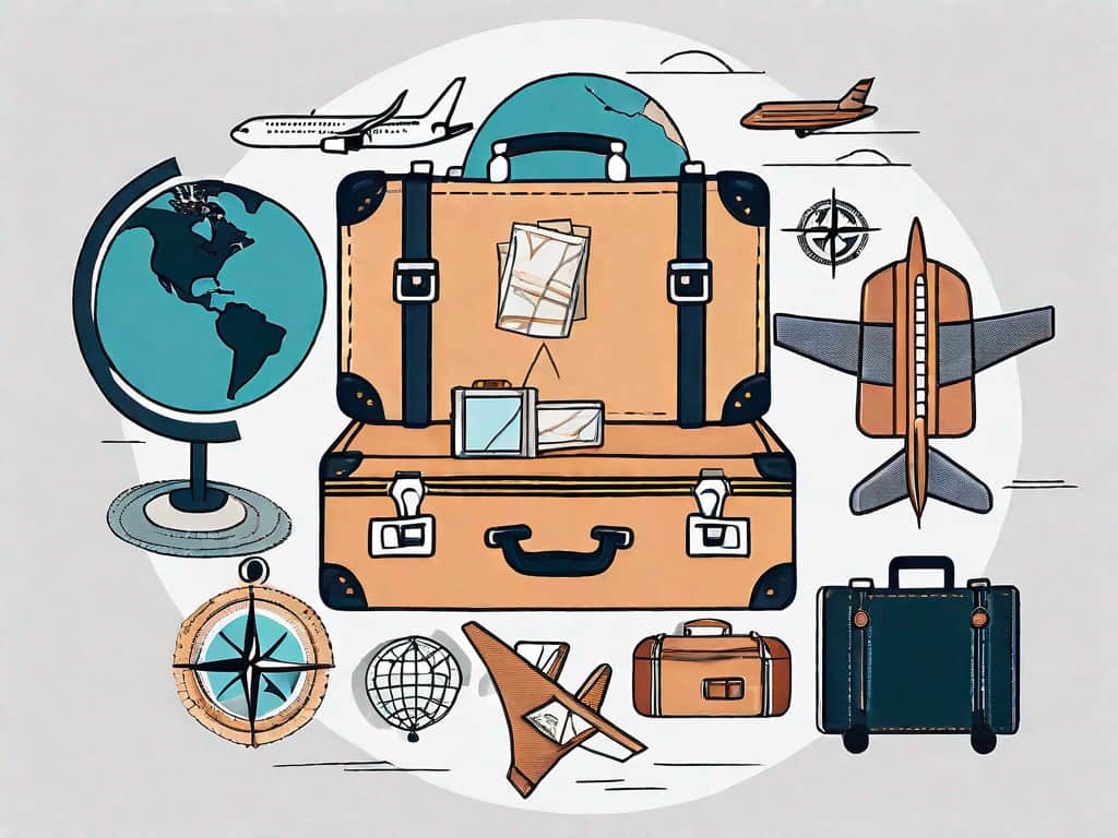 A globe surrounded by travel-related items like an airplane