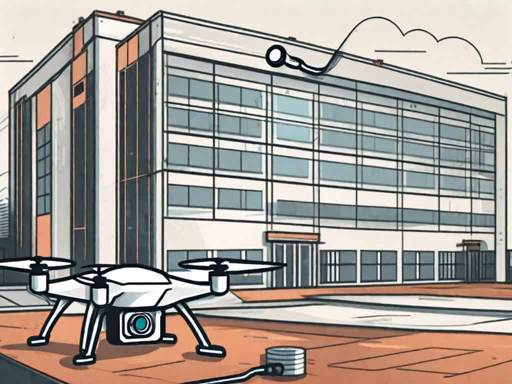 A drone floating above a factory building