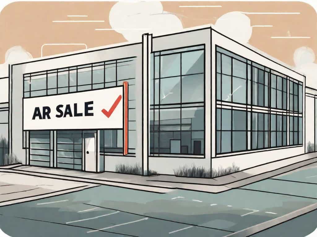 A factory building with a for-sale sign in the foreground