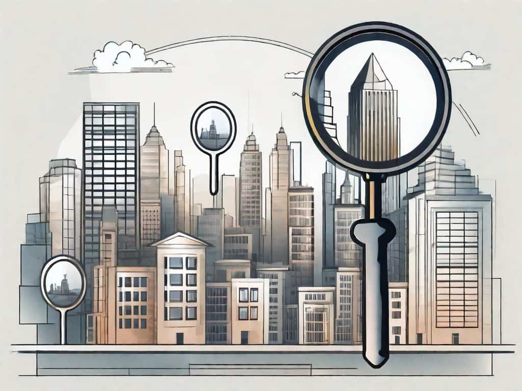 A city skyline with various architectural structures