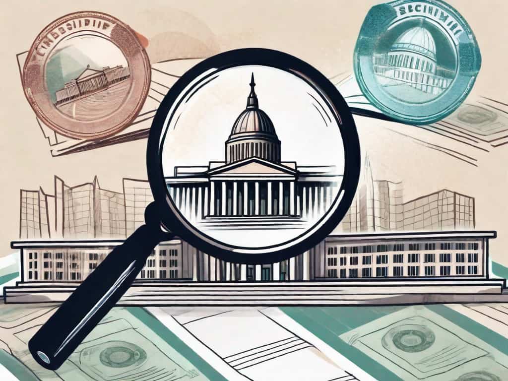 A magnifying glass hovering over a document with official-looking stamps and a symbolic government building in the background