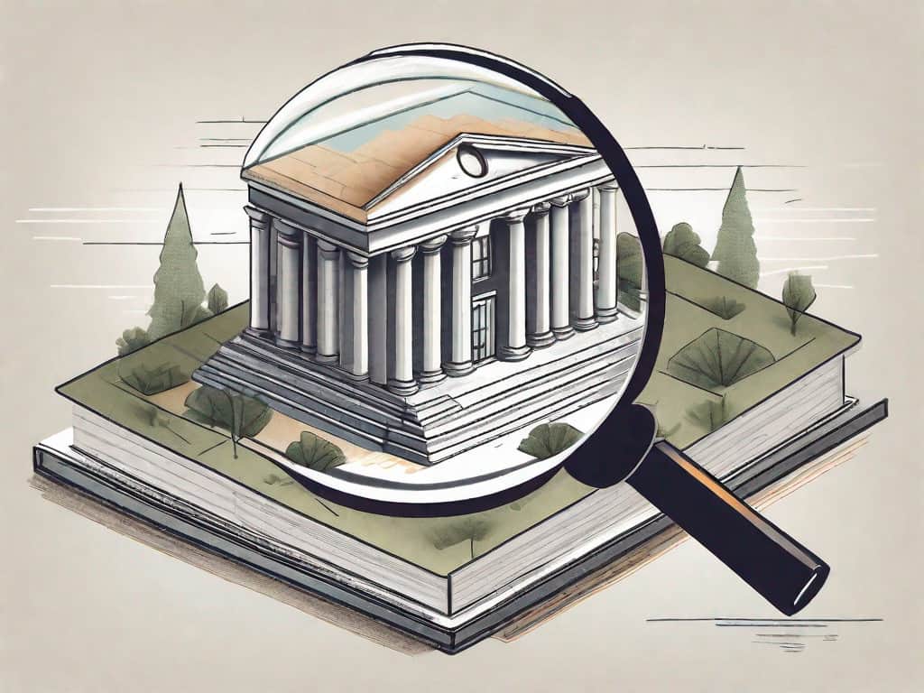 A magnifying glass focusing on a building shaped like a ledger book