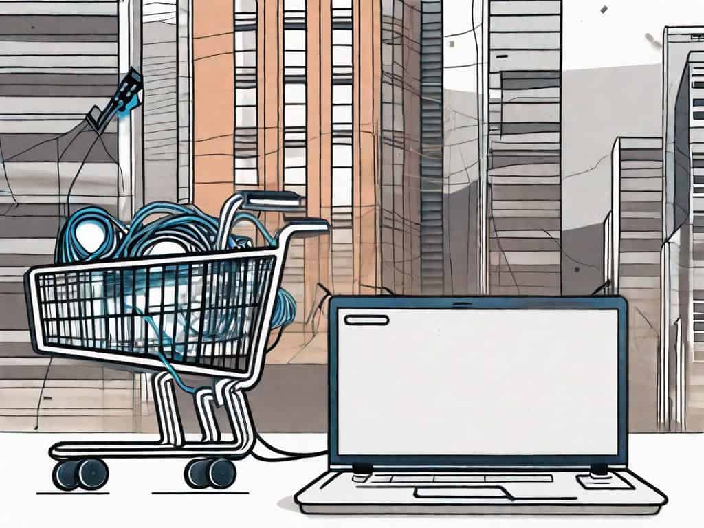 A shopping cart filled with various technology items like servers