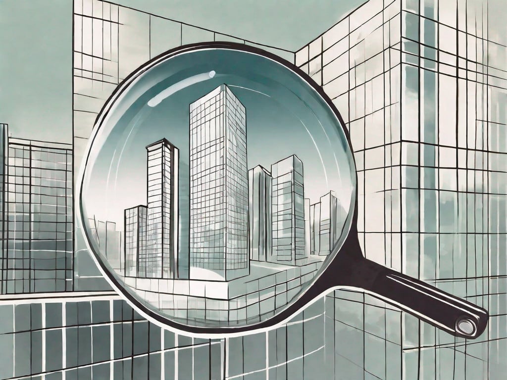 A magnifying glass hovering over a corporate building