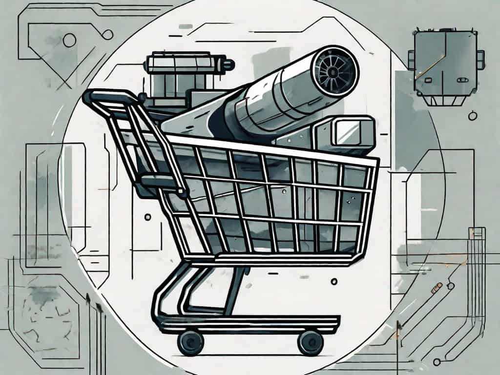 A shopping cart filled with military-related items such as a tank