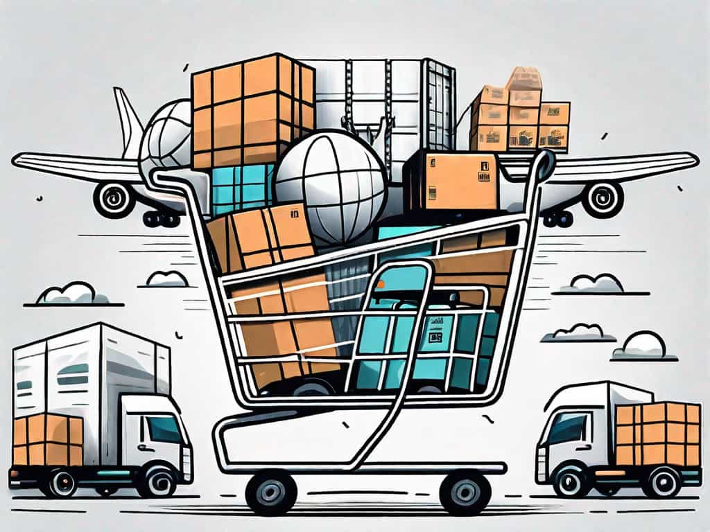 A shopping cart filled with various logistics symbols