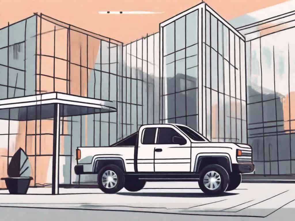 A car and a truck with a rental company building in the background