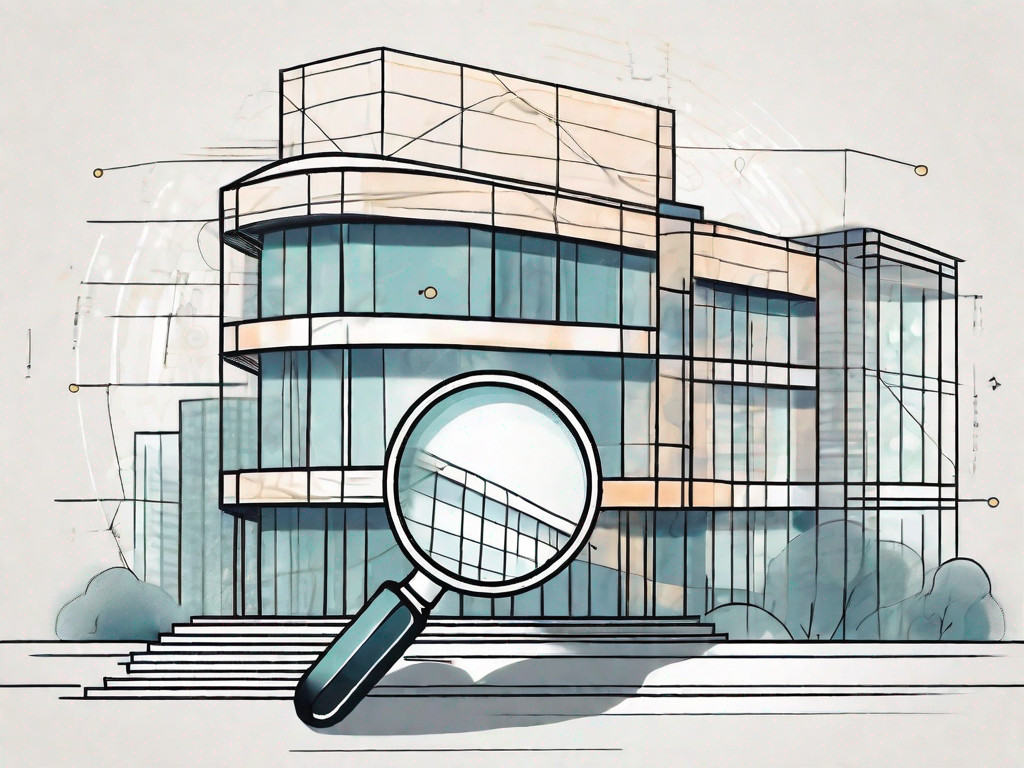 A magnifying glass hovering over a stylized building representing a publishing company