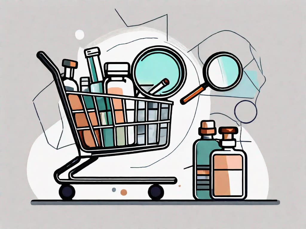 A shopping cart filled with various pharmaceutical products and a magnifying glass hovering over it