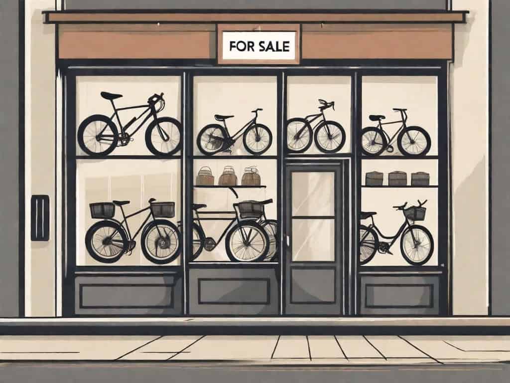 A variety of bicycles displayed in a storefront with a "for sale" sign hanging in the window