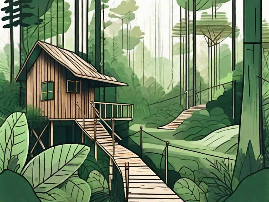 A lush green forest with a wooden signpost indicating different ecotourism activities