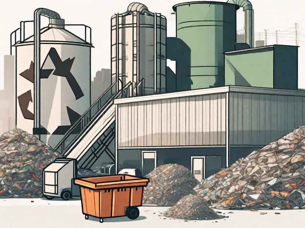 A recycling plant with a 'for sale' sign in front