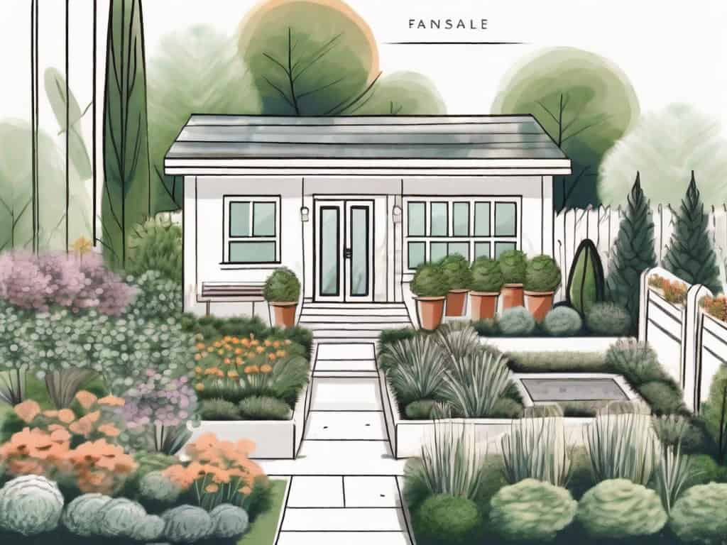 A landscaped garden with a for-sale sign