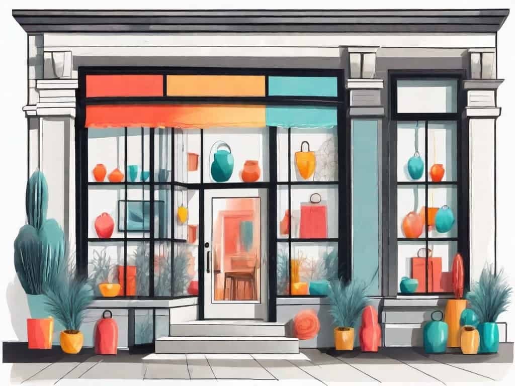 A home décor store facade with vibrant and varied décor items displayed in the window