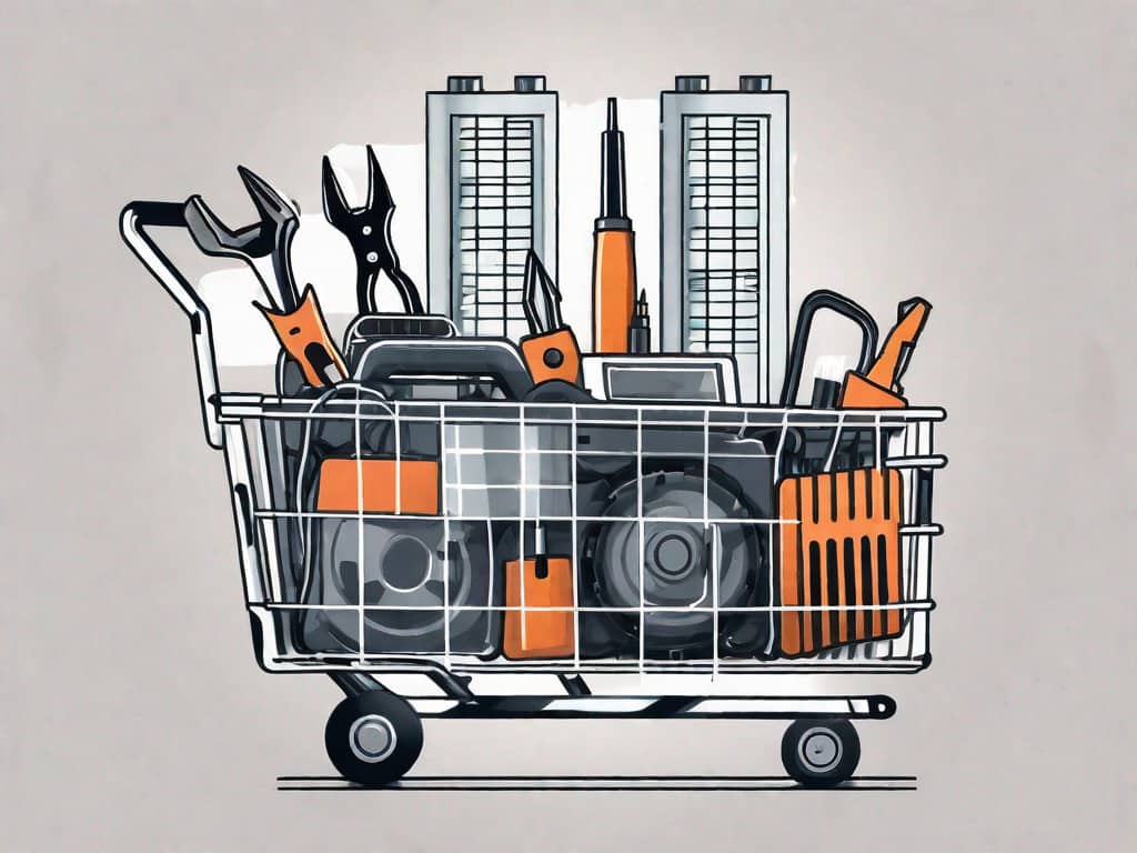 A shopping cart filled with various electrical tools and equipment