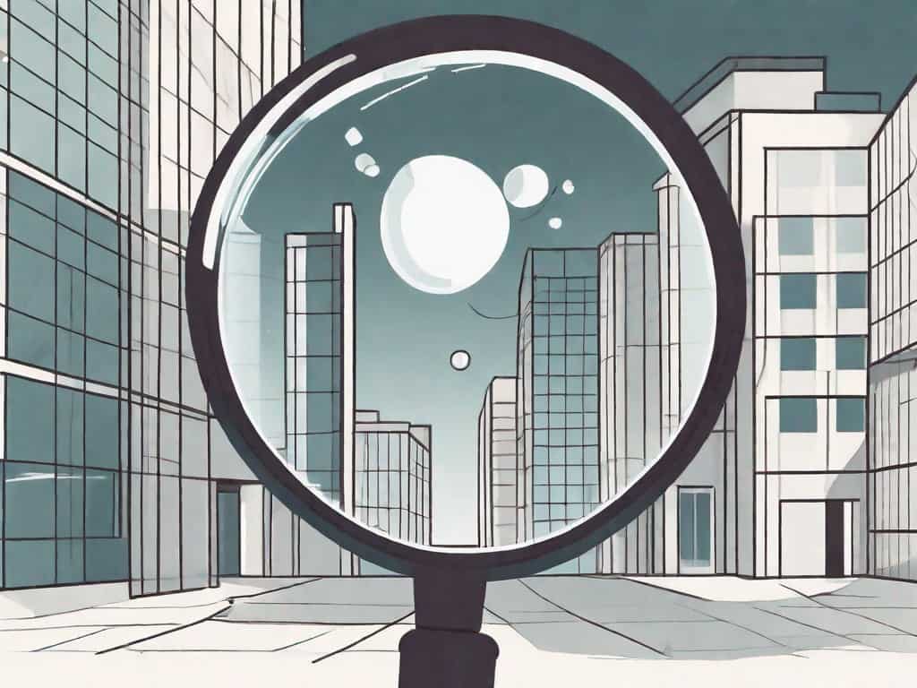 A magnifying glass hovering over a building symbolizing a service-based business