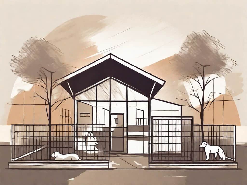 A pet boarding facility with various animal enclosures and a 'for sale' sign in front
