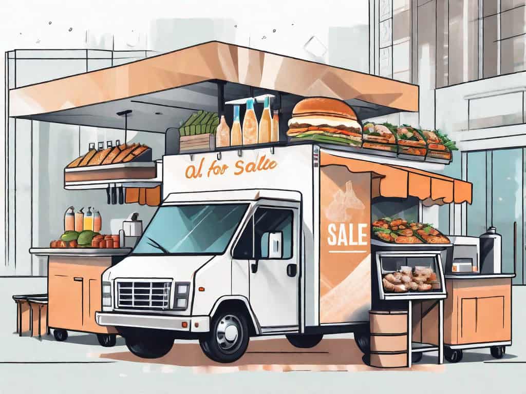 A catering truck with a large 'for sale' sign hanging on it