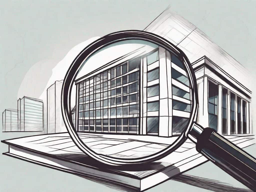 A magnifying glass examining a building representing a professional service firm