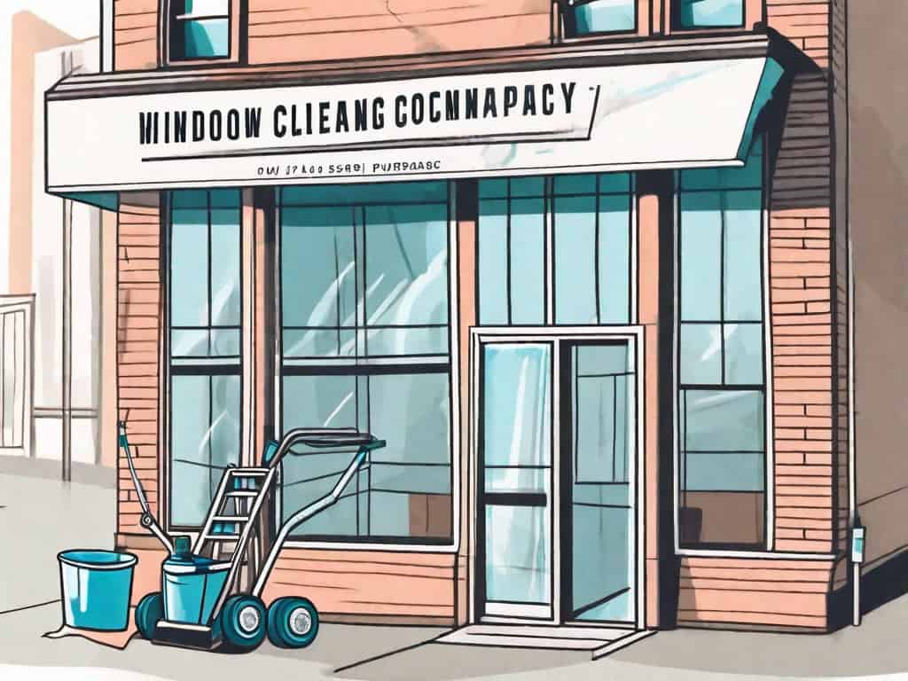A window cleaning company storefront with various cleaning tools